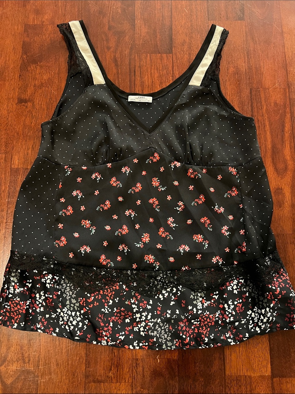 Zara Black Mixed-Print Lace Trim Camisole with Cream Straps